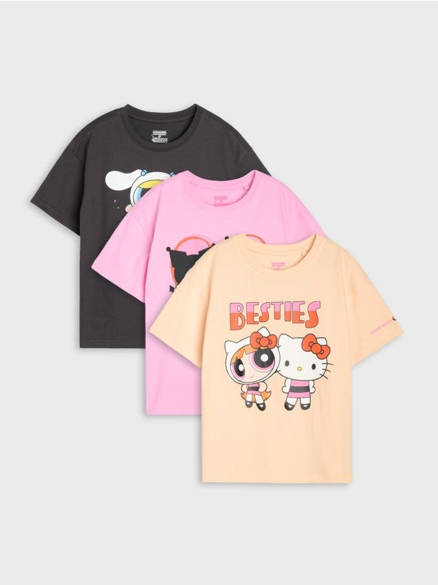 Sinsay - Tricouri din bumbac cu imprimeu 3 pack Hello Kitty and Friends x Powerpuff Girls - multicolor