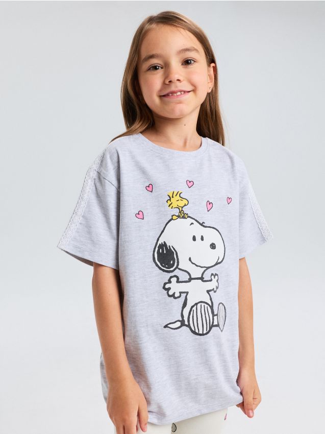 Sinsay - Tricou din bumbac cu dantelă decorativă pe mâneci Peanuts - gri deschis