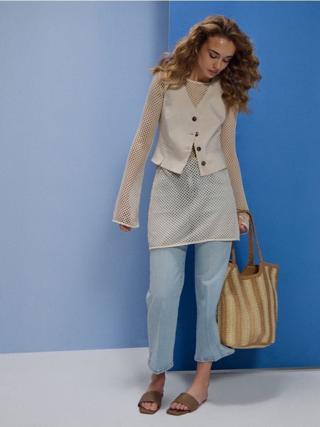 Sinsay - Blugi culotte cropped - albastru