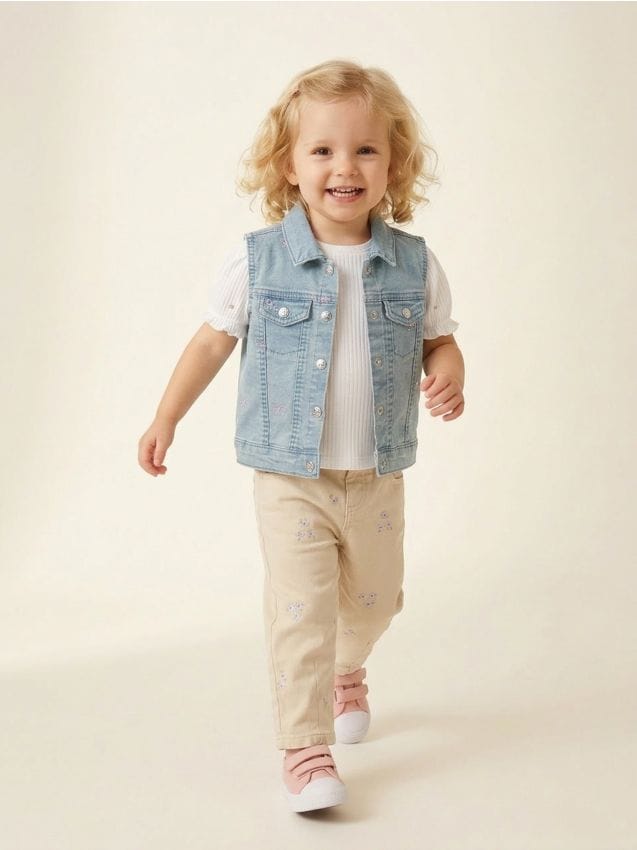 Sinsay - Bawełniane jeansy z haftowanymi kwiatkami - beżowy