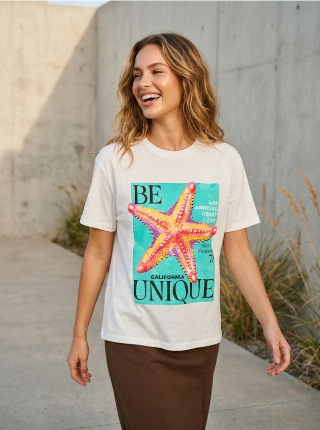 Sinsay - Tricou oversize din bumbac cu imprimeu - crem