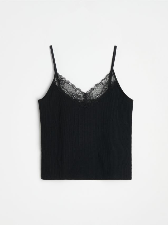 Top con modal e pizzo sullo scollo - nero