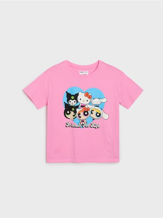 Sinsay - Tricou din bumbac cu imprimeu Hello Kitty and Friends - roz-aprins