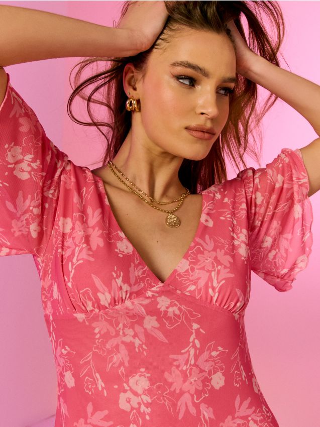 Sinsay - Rochie midi cu mâneci scurte evazate și imprimeu floral - multicolor