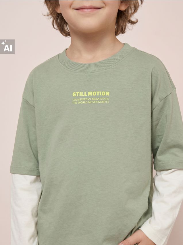 Sinsay - Tricou longsleeve loose din bumbac cu mâneci duble și print - verde-oliv deschis