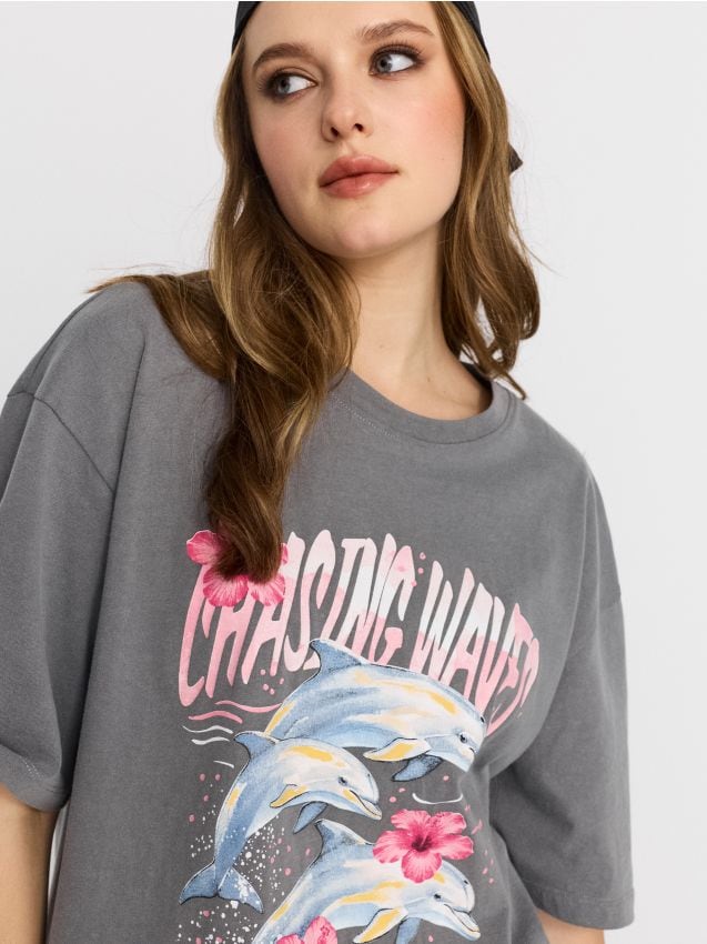 Sinsay - Tricou din bumbac cu imprimeu cu delfini - gri-neutru