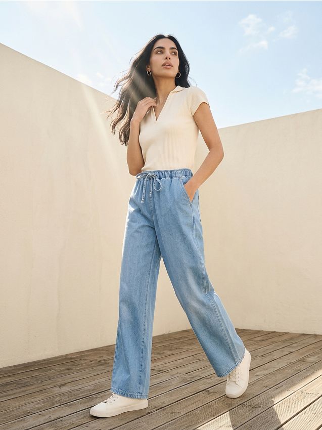 Sinsay - Blugi jogger wide-leg - albastru