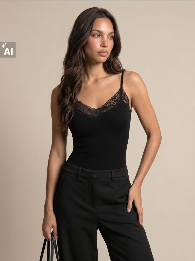 Sinsay - Body din bumbac cu bretele și dantelă - negru