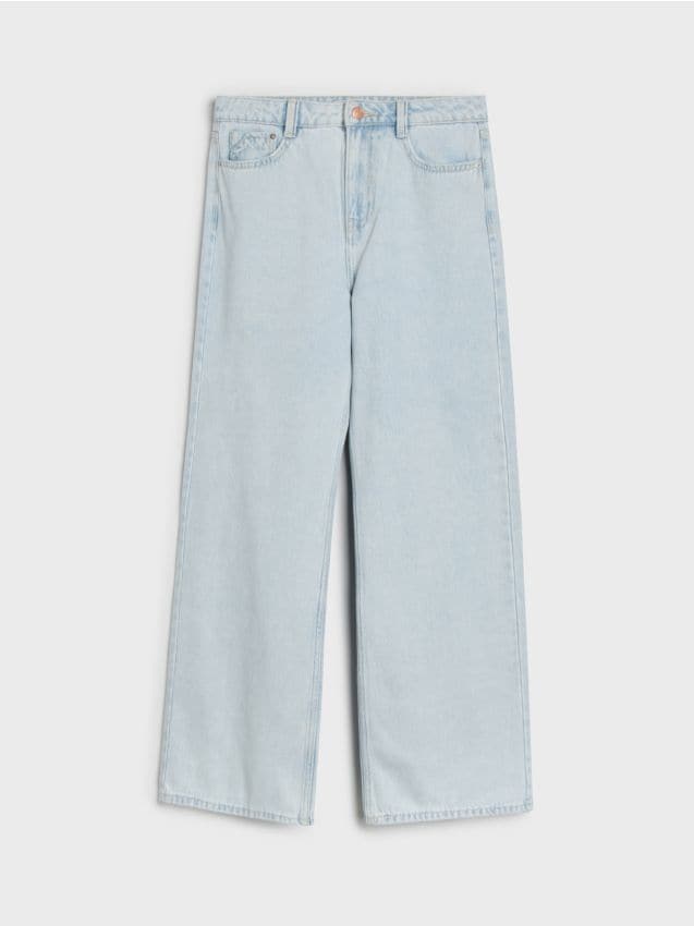 Sinsay - Jeansy wide leg z efektem sprania - niebieski