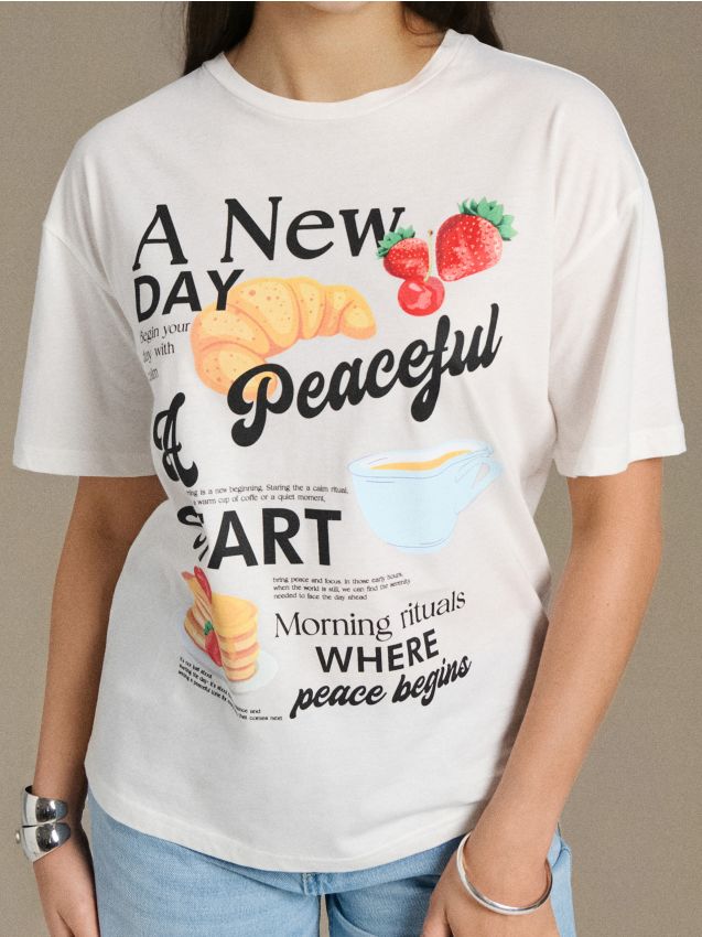 Sinsay - Bavlnené oversize tričko s potlačou - krémová