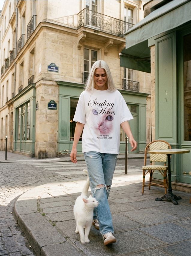 Sinsay - Tricou din bumbac cu imprimeu de pisică - alb