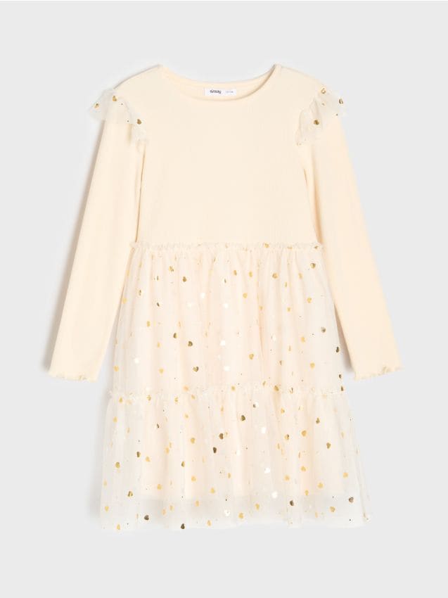 Sinsay - Rochie midi striată cu fustă din tul cu inimioare - crem