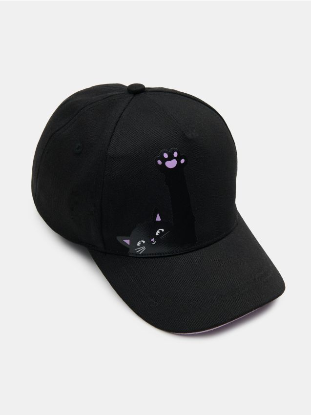 Sinsay - Bawełniana czapka z daszkiem z nadrukiem kota - czarny