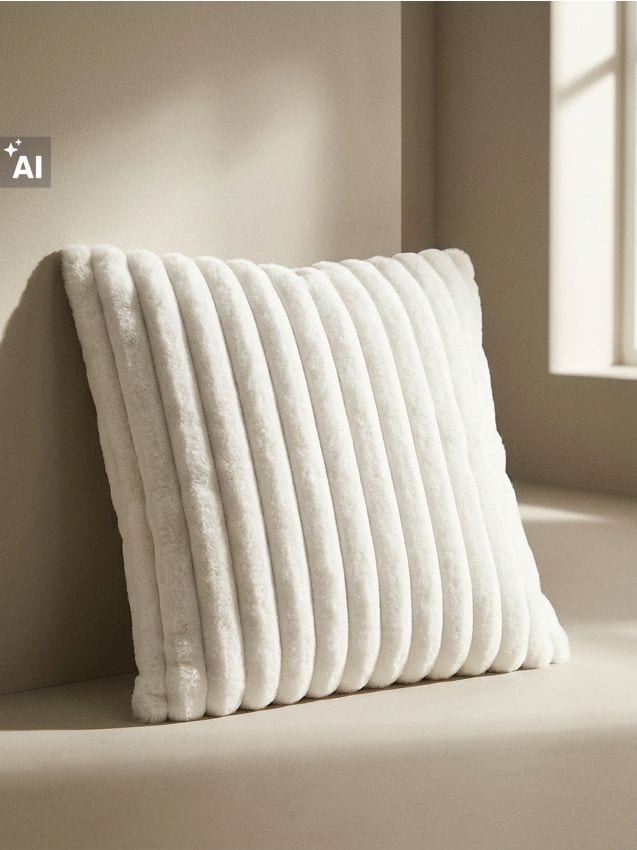Sinsay - Față de pernă striată din blană artificială - crem