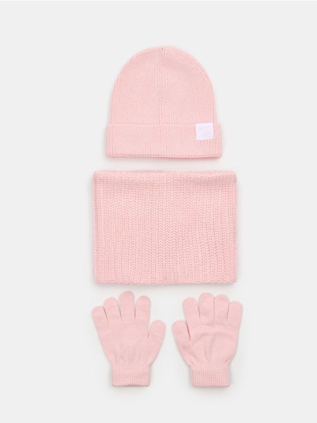 Sinsay - Set căciulă, fular circular și mănuși - roz-pastel