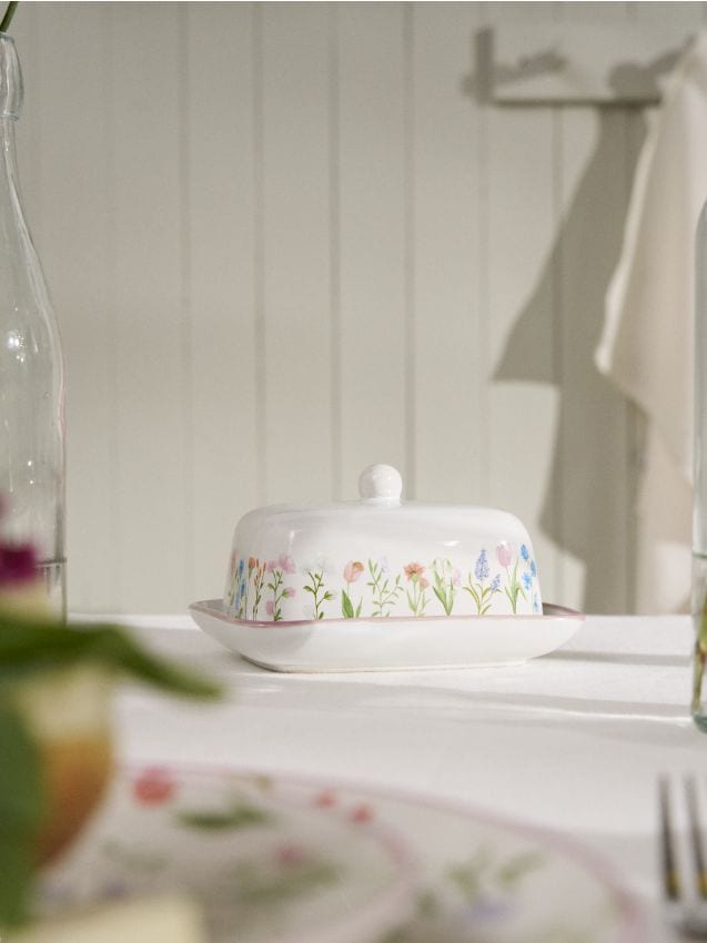 Sinsay - Suport ceramic pentru unt cu motiv floral - alb