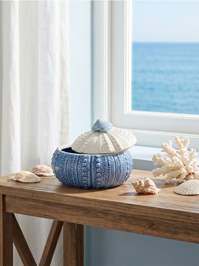 Contenitore in ceramica con coperchio con motivo marino - multicolor