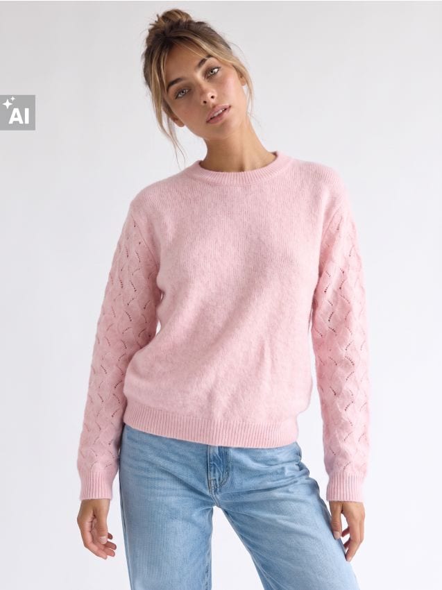 Sinsay - Pulover cu mâneci ajurate, cu amestec de lână - roz-pastel