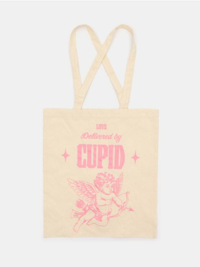 Sinsay - Torba materiałowa z walentynkowym nadrukiem Kupidyna - kremowy