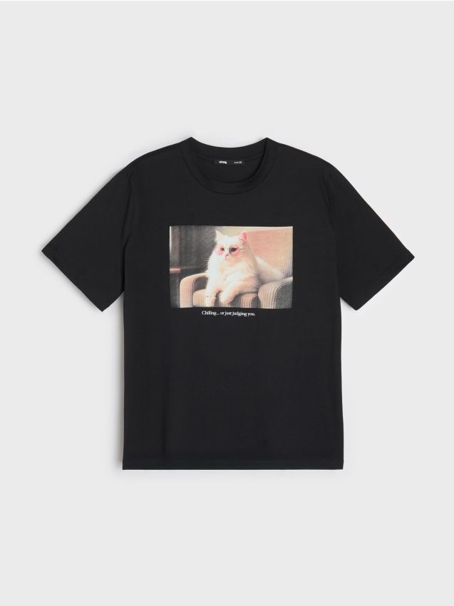 Sinsay Sinsay - Βαμβακερό μπλουζάκι με στάμπα - μαυρο