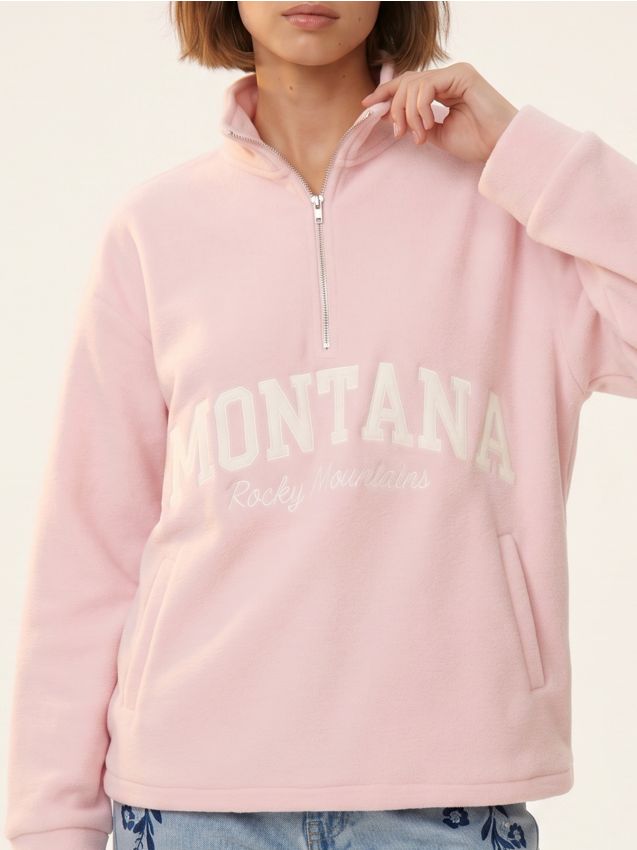 Sinsay - Bluză fleece half-zip cu inscripție - roz-pastel