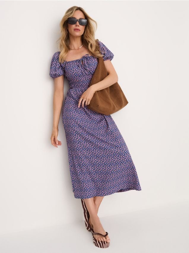 Sinsay - Rochie midi cu flori, drapaj și mâneci bufante - multicolor