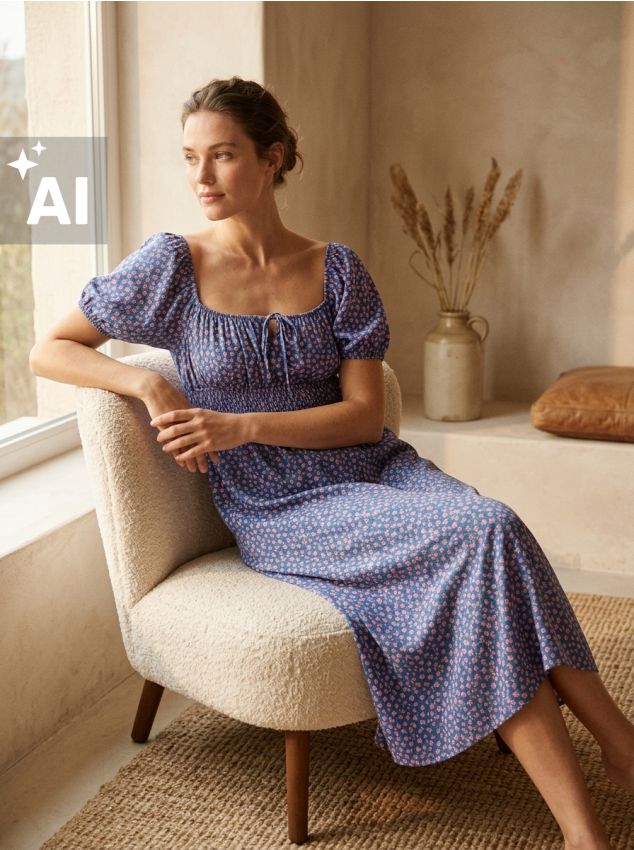 Sinsay - Rochie midi cu flori, drapaj și mâneci bufante - multicolor