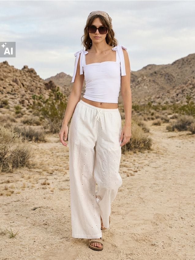 Sinsay - Pantaloni straight din bumbac cu model ajurat - alb