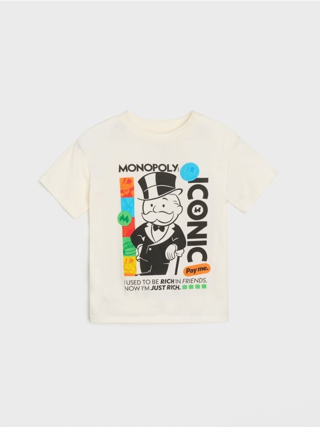 Sinsay - Tricou din bumbac cu imprimeu Monopoly - crem