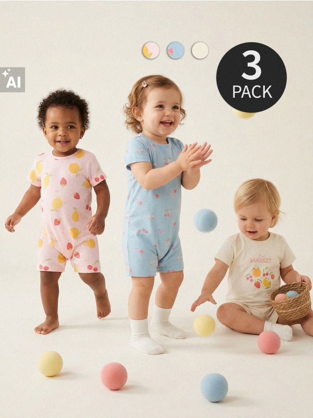Sinsay - Salopete din bumbac cu motiv fructe 3 pack - crem