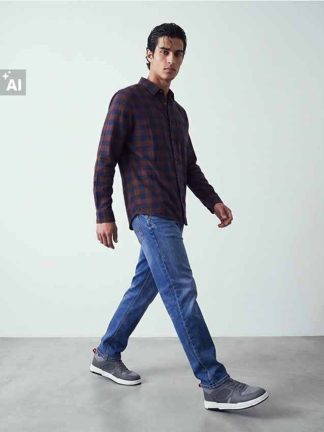 Sinsay - Cămașă din bumbac slim fit în carouri - cacao-cu-lapte