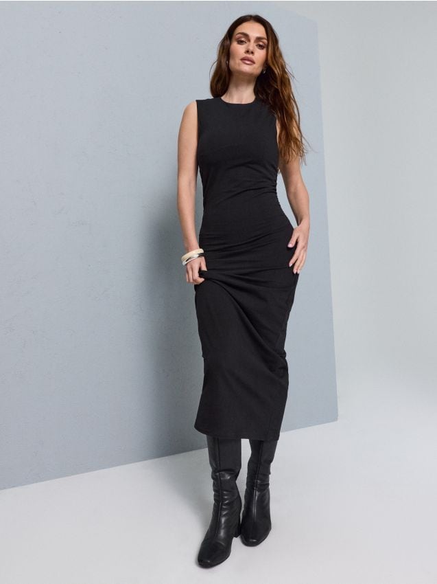 Sinsay - Rochie midi din bumbac cu drapaj lateral - negru