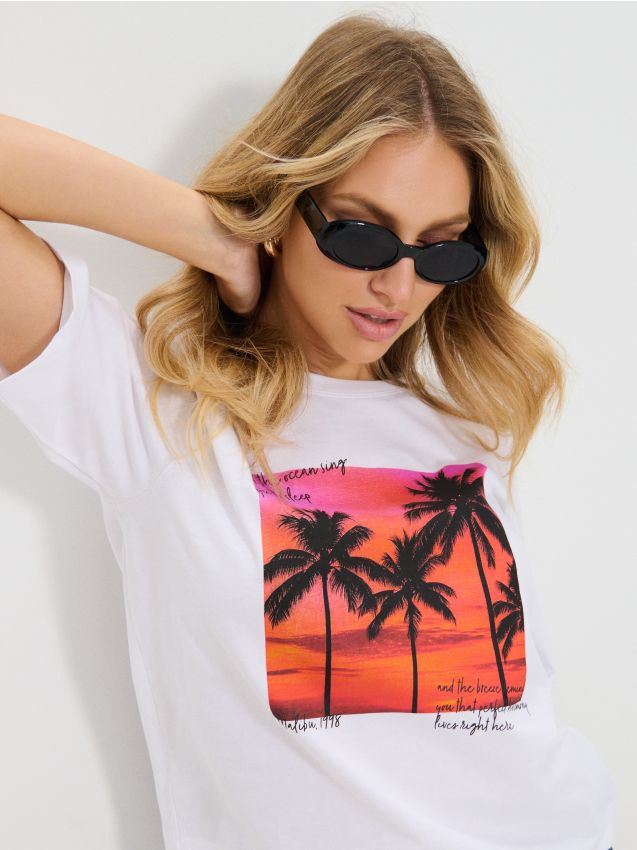 Sinsay - Tricou din bumbac cu imprimeu de vacanță - alb