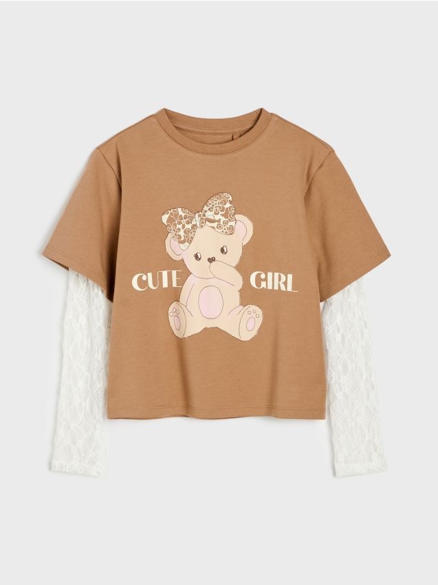 Sinsay - Tricou din bumbac cu mâneci din dantelă și model cu ursuleț - multicolor