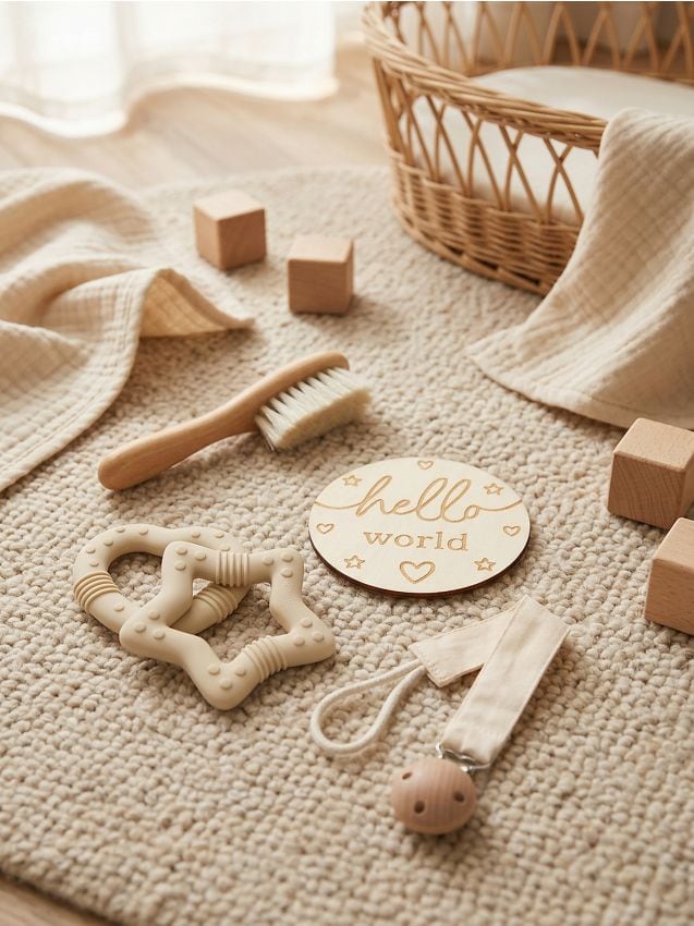 Sinsay - Set cadou: suport pentru suzetă, inel de dentiție, periuță și accesoriu pentru poze - crem