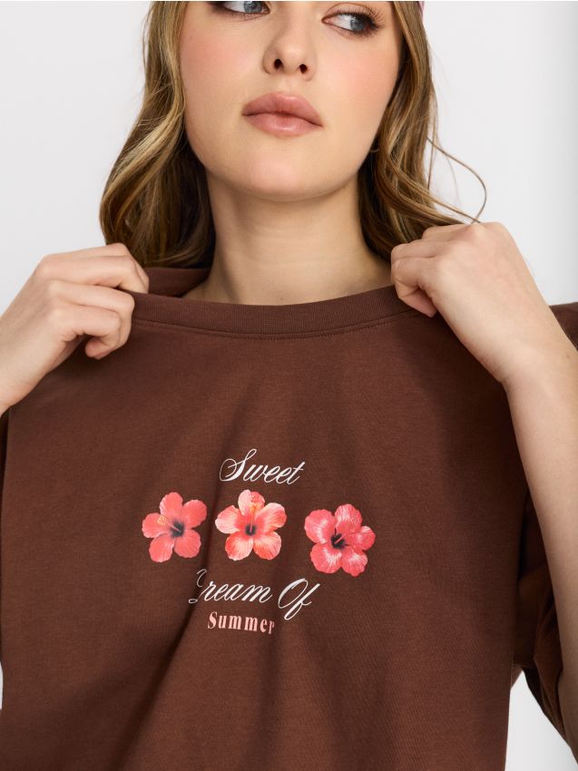 Sinsay - Tricou din bumbac cu imprimeu floral - maro