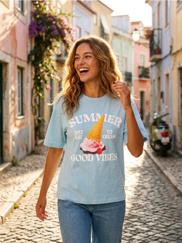 Sinsay - Tricou oversize din bumbac cu imprimeu - albastru-pal