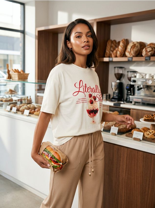 Sinsay - Tricou oversize din bumbac cu imprimeu - nude