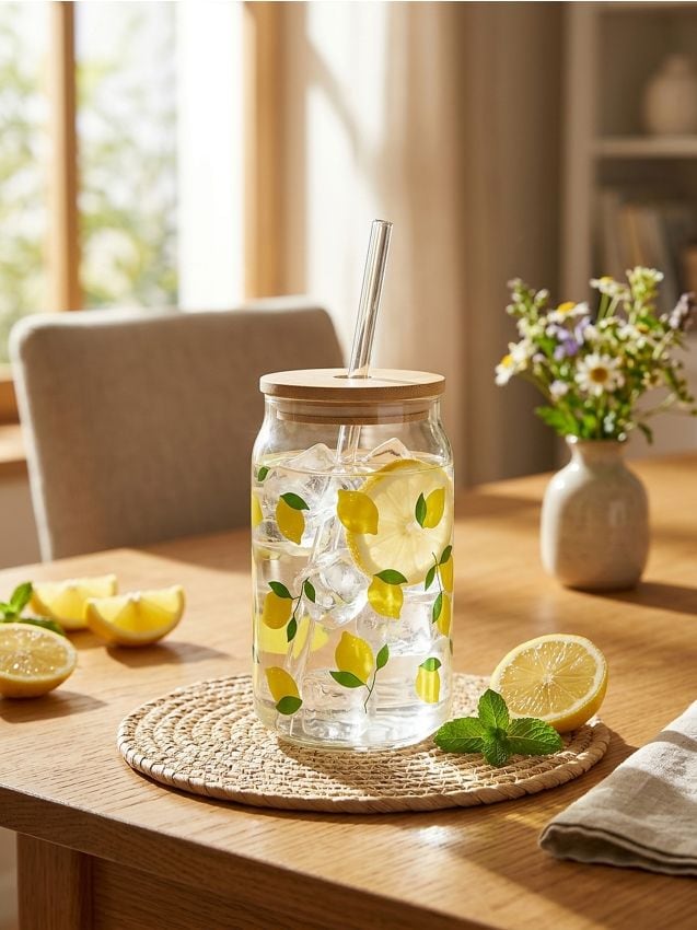 Tazza con coperchio e cannuccia con motivo di limoni - multicolor