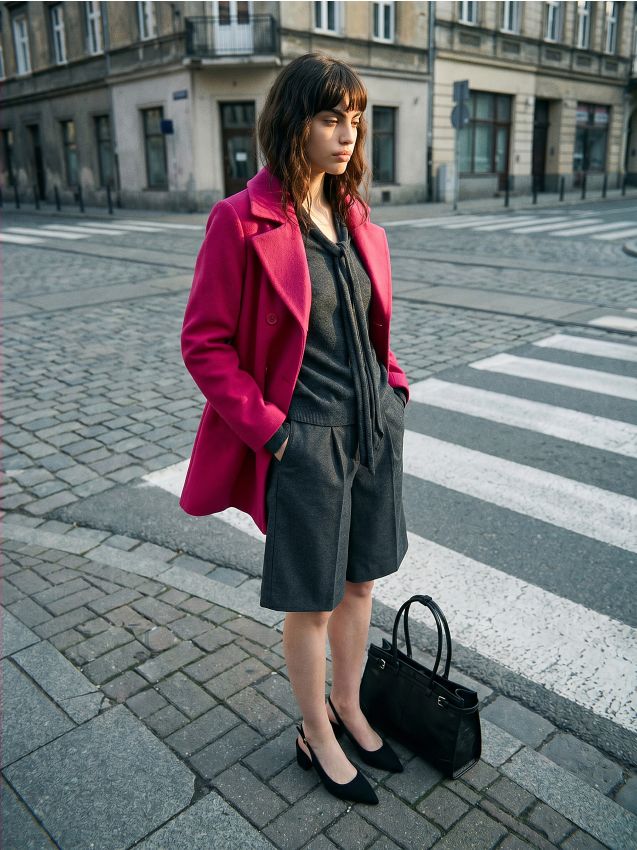 Sinsay - Palton cu rând dublu de nasturi și croi clasic - roz-fuchsia