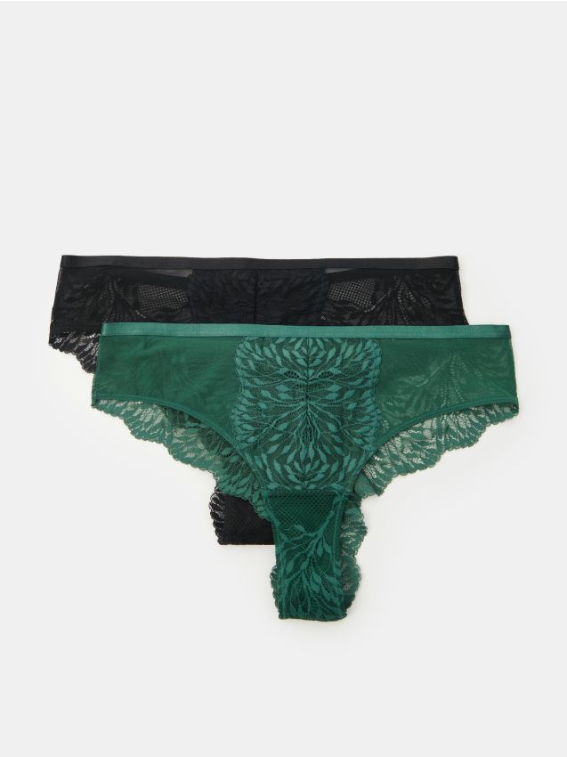 Sinsay - Brazilky z elastickej čipky a sieťoviny, 2 ks - tmavozelená