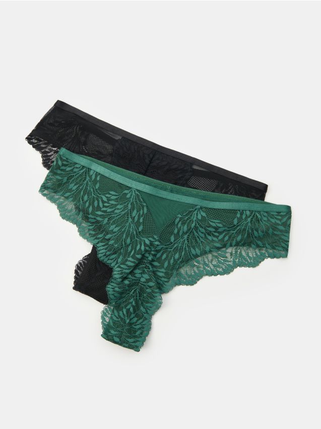 Sinsay - Brazilky z elastickej čipky a sieťoviny, 2 ks - tmavozelená