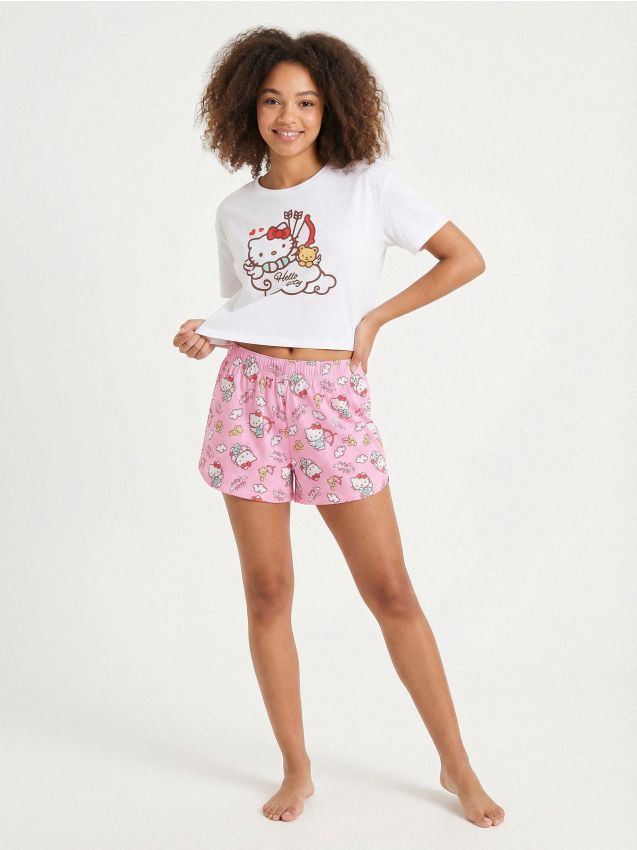 Sinsay - Bawełniana piżama dwuczęściowa z nadrukiem Hello Kitty - biały