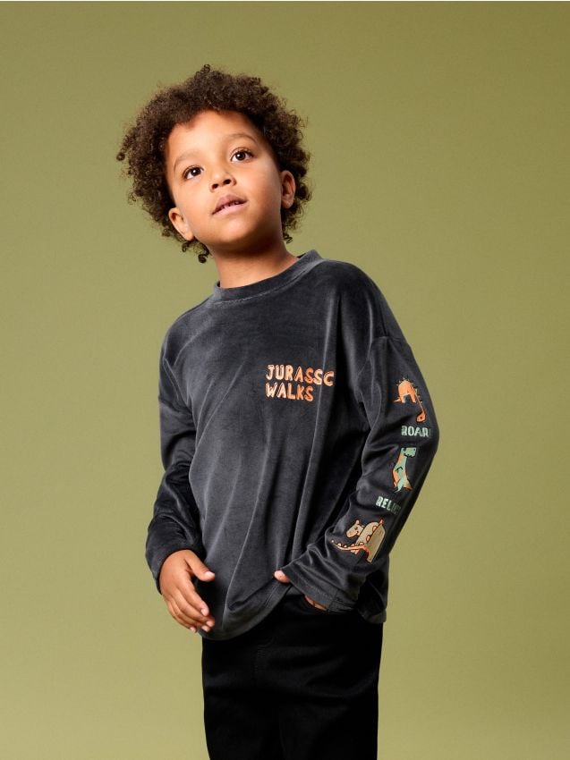 Sinsay - Tricou din bumbac cu mânecă lungă cu motiv de dinozauri - negru-antracit