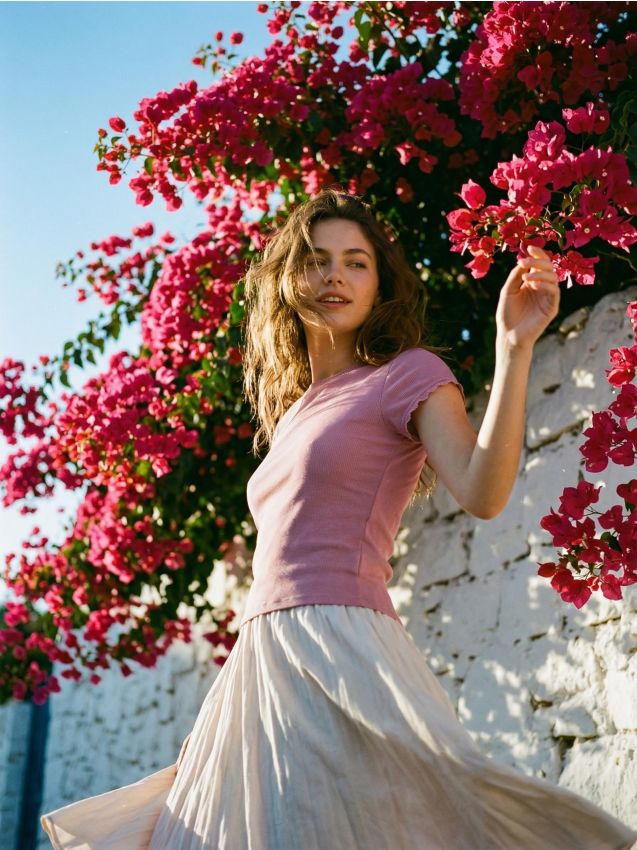 Sinsay - Wiskozowa koszulka z krótkim rękawem - różowy