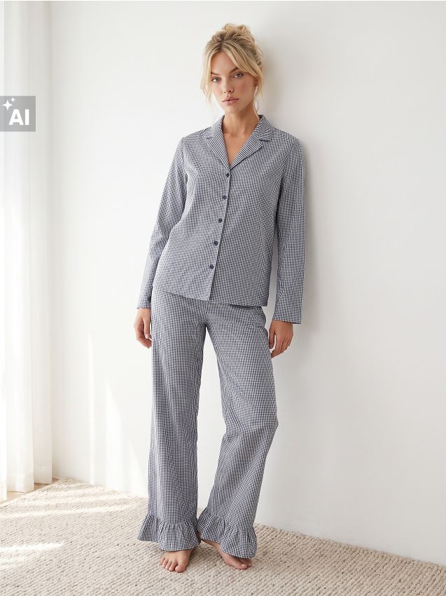 Sinsay - Pijama din bumbac din două piese în carouri - bleumarin