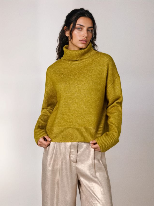 Sinsay - Pulover cu guler basic - verde-gălbui