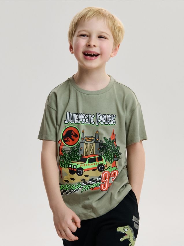Sinsay - Tricou din bumbac, cu mânecă lungă și imprimeu Jurassic Park - verde-prăfuit