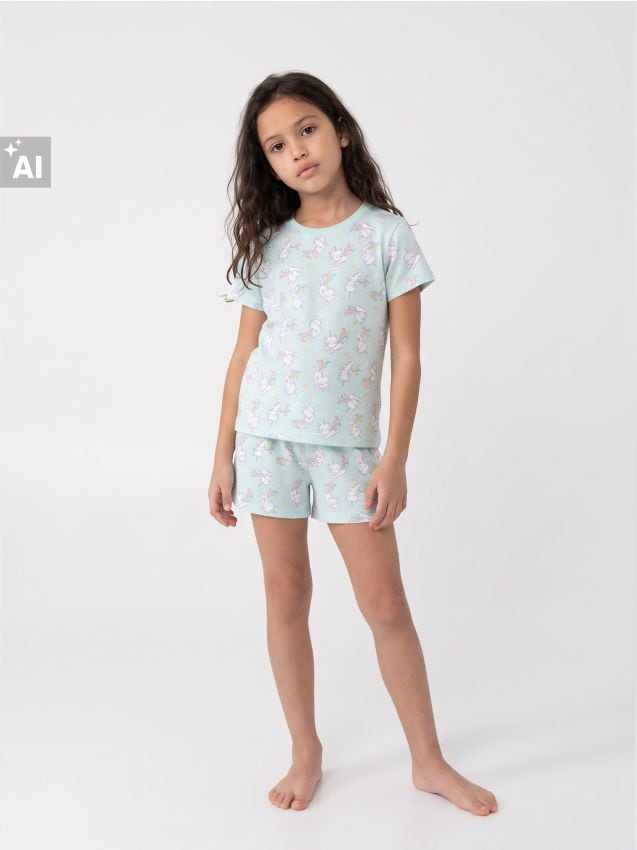 Sinsay - Pijama din două piese din bumbac cu motiv caticorn - verde-pal
