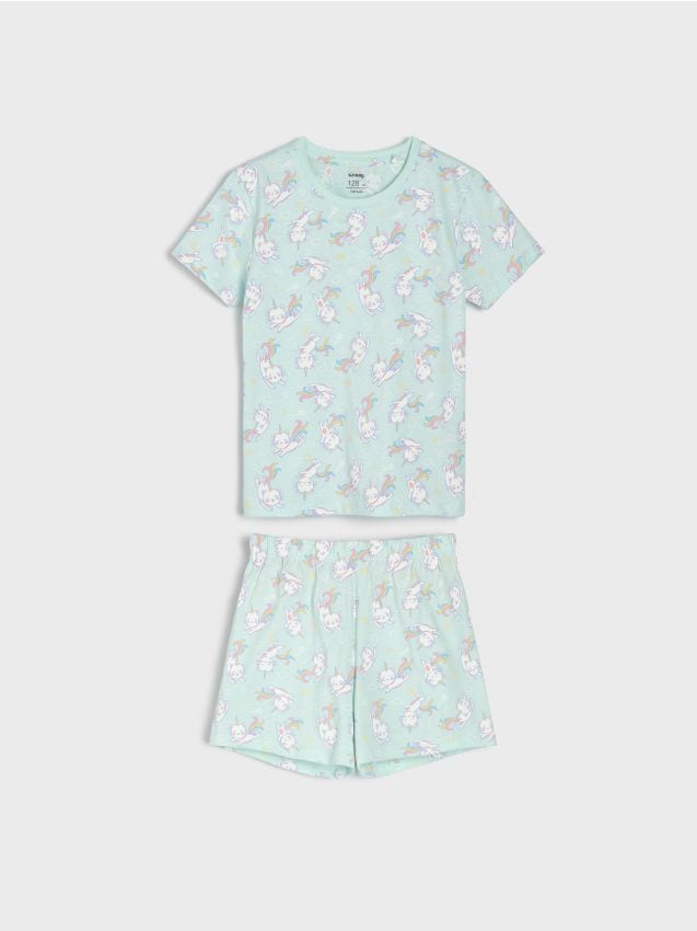 Sinsay - Pijama din două piese din bumbac cu motiv caticorn - verde-pal